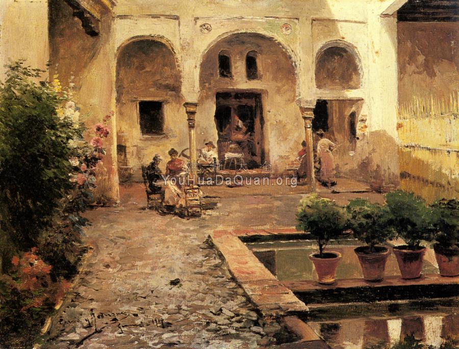 Figures In A Spanish Courtyard - 曼纽尔·加西亚·罗德里格斯